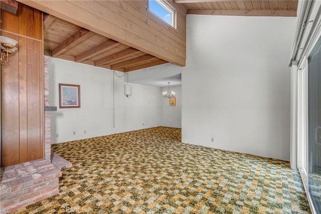 19950 Esquiline Ave, Walnut, CA 91789 - unfurnished room with carpet, a chandelier, and a wood ceiling with exposed beams