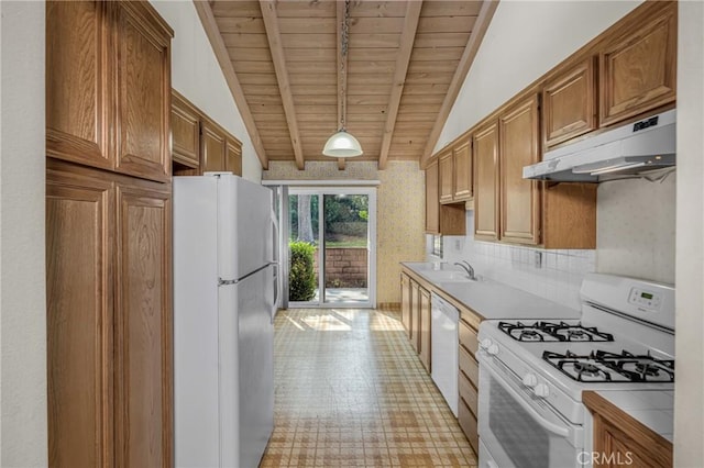 19950 Esquiline Ave, Walnut, CA 91789 - kitchen featuring white appliances, under cabinet range hood, wooden ceiling, tile counters, and brown cabinets