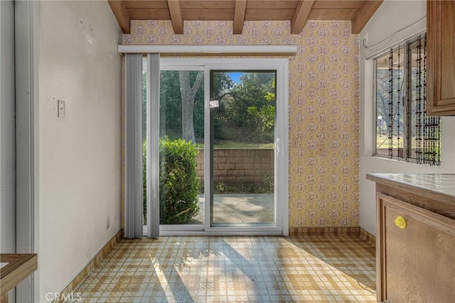 19950 Esquiline Ave, Walnut, CA 91789 - doorway with a wooden ceiling with exposed beams and wallpapered walls