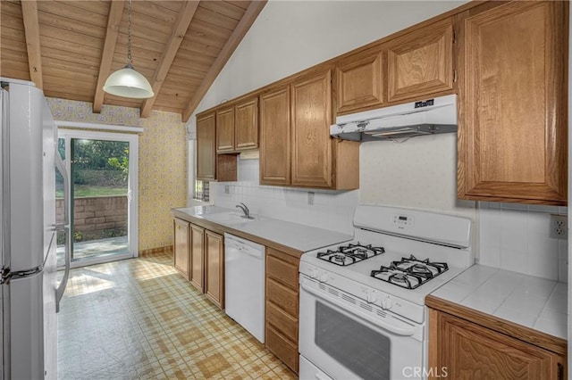 19950 Esquiline Ave, Walnut, CA 91789 - kitchen with white appliances, under cabinet range hood, wallpapered walls, wooden ceiling, and tile countertops