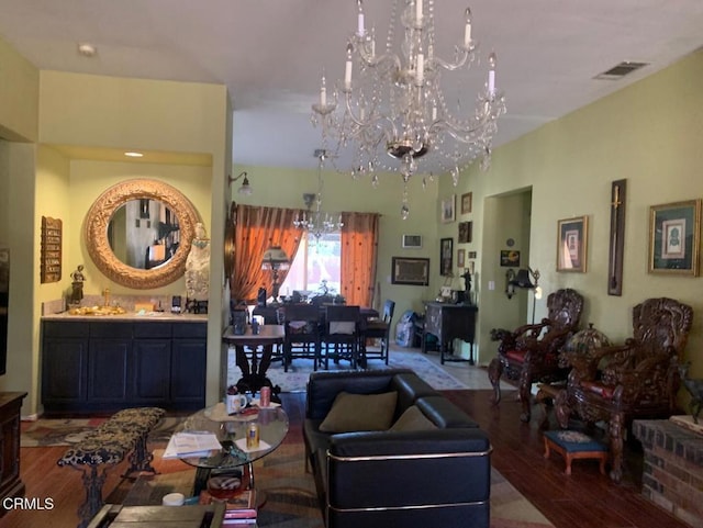20151 Serrano Rd, Apple Valley, CA 92307 - living room with a chandelier, wood finished floors, and bar