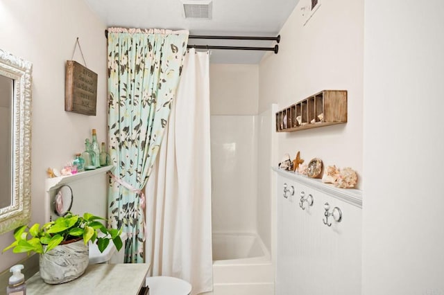 3432 Mount Ariane Dr, San Diego, CA 92111 - bathroom with vanity and shower / bathtub combination with curtain