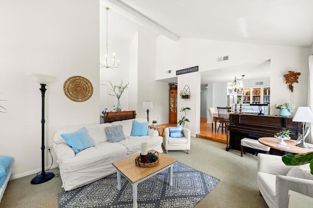 3432 Mount Ariane Dr, San Diego, CA 92111 - living area with a chandelier, carpet flooring, high vaulted ceiling, and beam ceiling
