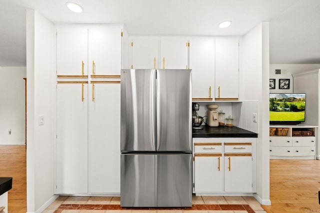 3432 Mount Ariane Dr, San Diego, CA 92111 - kitchen featuring freestanding refrigerator, white cabinets, dark countertops, and recessed lighting