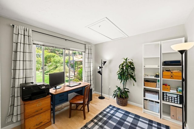 3432 Mount Ariane Dr, San Diego, CA 92111 - office area featuring attic access and wood finished floors