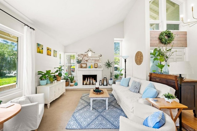 3432 Mount Ariane Dr, San Diego, CA 92111 - carpeted living area featuring healthy amount of natural light, a brick fireplace, and high vaulted ceiling