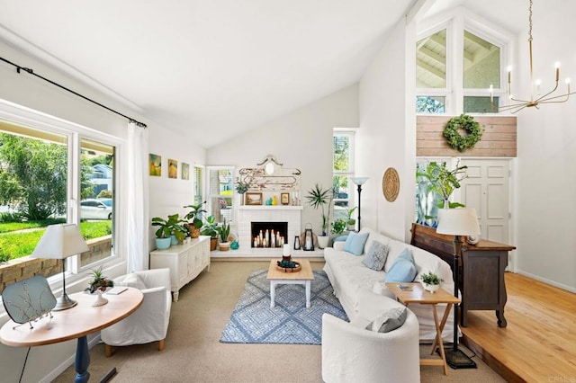 3432 Mount Ariane Dr, San Diego, CA 92111 - living area with plenty of natural light, a chandelier, a brick fireplace, and high vaulted ceiling