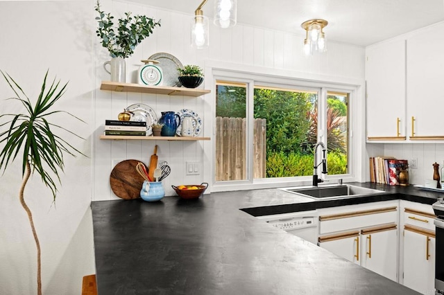 3432 Mount Ariane Dr, San Diego, CA 92111 - kitchen featuring white cabinets, dark countertops, open shelves, and white dishwasher