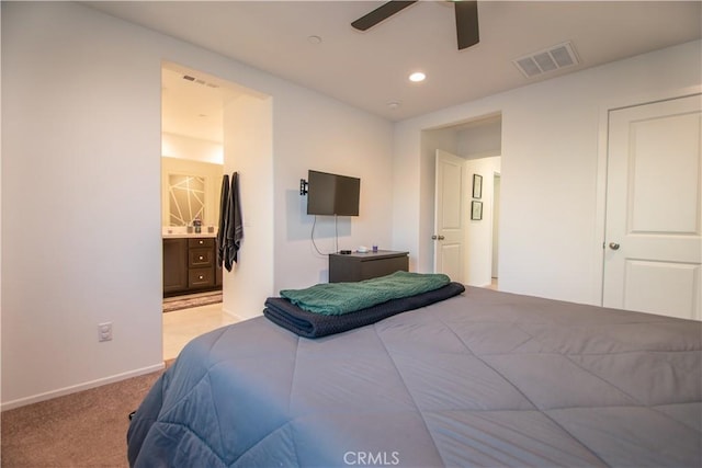 29392 Tourmaline Way, Winchester, CA 92596 - bedroom with light colored carpet, recessed lighting, ensuite bathroom, and a ceiling fan