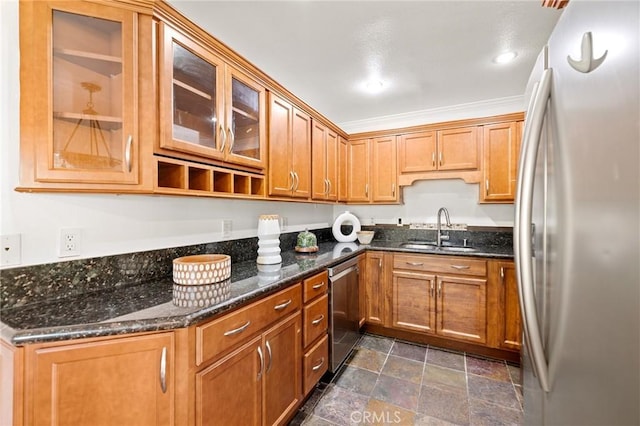 22824 Hilton Head Dr Unit 87, Diamond Bar, CA 91765 - kitchen featuring appliances with stainless steel finishes, glass insert cabinets, brown cabinets, dark stone finish floors, and dark stone countertops