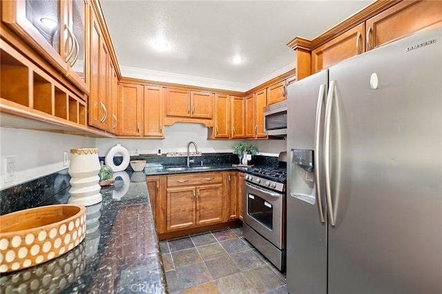 22824 Hilton Head Dr Unit 87, Diamond Bar, CA 91765 - kitchen with appliances with stainless steel finishes, stone finish floors, brown cabinetry, recessed lighting, and dark stone counters