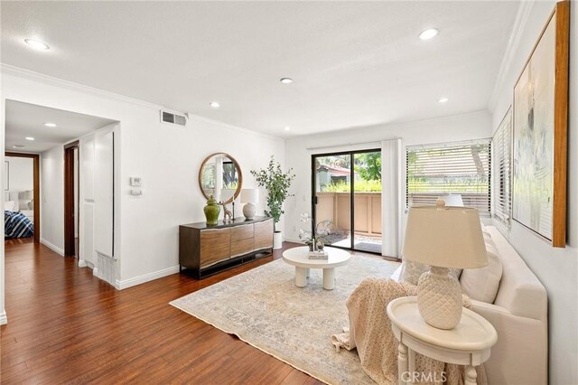 22824 Hilton Head Dr Unit 87, Diamond Bar, CA 91765 - living room with wood finished floors, crown molding, and recessed lighting