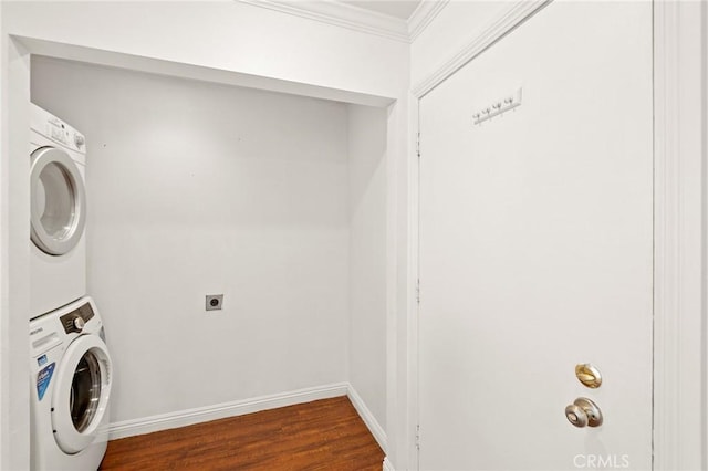 22824 Hilton Head Dr Unit 87, Diamond Bar, CA 91765 - washroom with estacked washer and dryer, crown molding, and dark wood finished floors