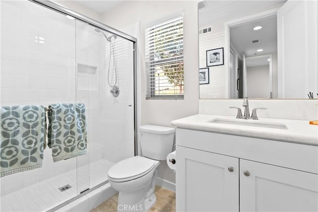 38 Marisol St, Rancho Mission Viejo, CA 92694 - full bathroom featuring vanity, a shower stall, recessed lighting, and wood finished floors