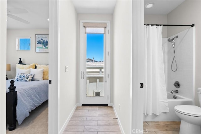 38 Marisol St, Rancho Mission Viejo, CA 92694 - ensuite bathroom with shower / bath combination with curtain, wood finished floors, and a ceiling fan