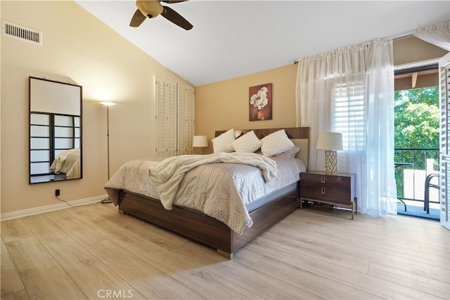 18230 Oxnard St Unit 110, Tarzana, CA 91356 - bedroom featuring wood finished floors, access to exterior, lofted ceiling, and a ceiling fan