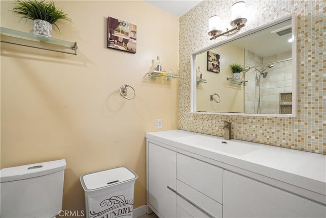 18230 Oxnard St Unit 110, Tarzana, CA 91356 - full bath with decorative backsplash, vanity, and tiled shower