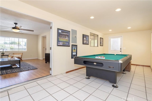 8825 Sophia Ave, North Hills, CA 91343 - playroom with pool table, recessed lighting, ceiling fan, and light tile patterned flooring