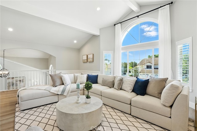 20455 Via Canarias, Yorba Linda, CA 92887 - living room featuring beam ceiling, high vaulted ceiling, light wood finished floors, healthy amount of natural light, and recessed lighting