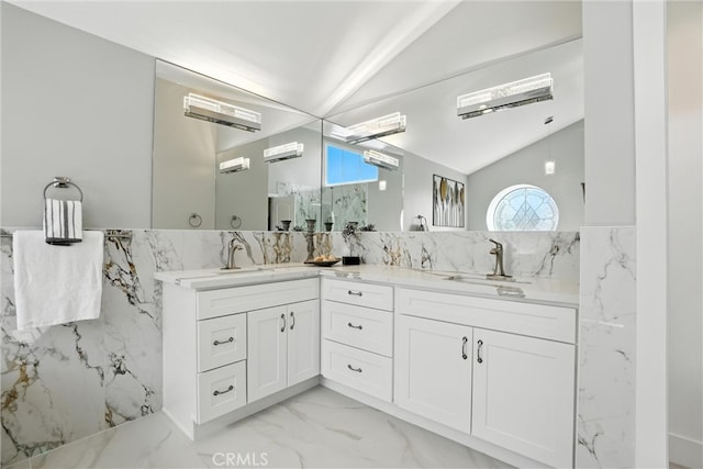 20455 Via Canarias, Yorba Linda, CA 92887 - full bath with marble finish floors, double vanity, and lofted ceiling