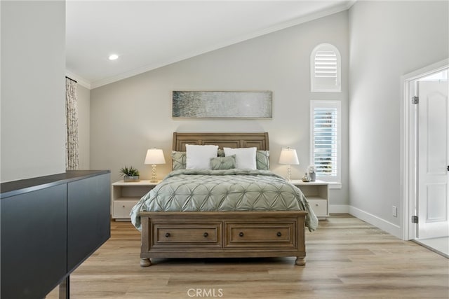 20455 Via Canarias, Yorba Linda, CA 92887 - bedroom with light wood-style floors, ornamental molding, recessed lighting, and high vaulted ceiling