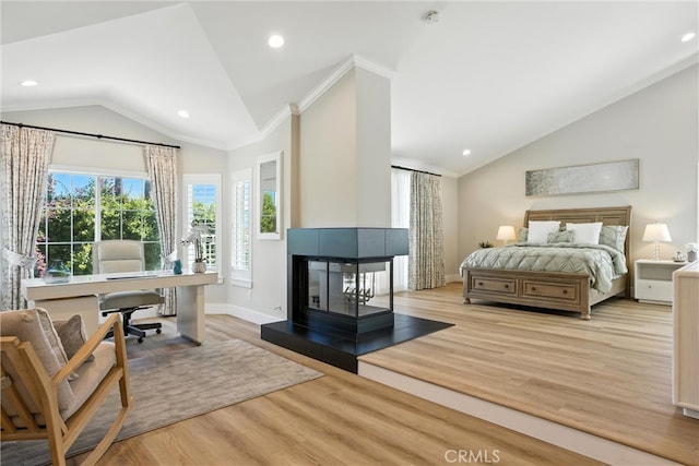 20455 Via Canarias, Yorba Linda, CA 92887 - bedroom featuring lofted ceiling, wood finished floors, a fireplace, a desk, and recessed lighting