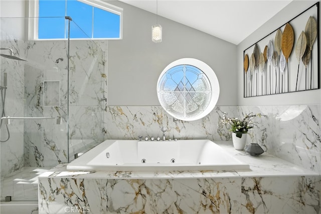 20455 Via Canarias, Yorba Linda, CA 92887 - bathroom featuring a marble finish shower, vaulted ceiling, and a tub with jets