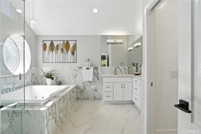 20455 Via Canarias, Yorba Linda, CA 92887 - bathroom with vanity, a garden tub, marble finish floors, and recessed lighting