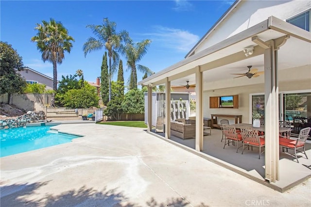 25632 Adriana St, Mission Viejo, CA 92691 - view of pool featuring a ceiling fan, a patio area, a fenced backyard, and an outdoor living space