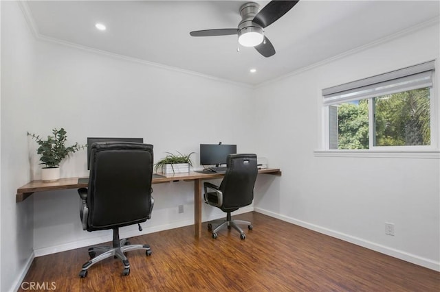 25632 Adriana St, Mission Viejo, CA 92691 - office area featuring crown molding, wood finished floors, ceiling fan, and recessed lighting