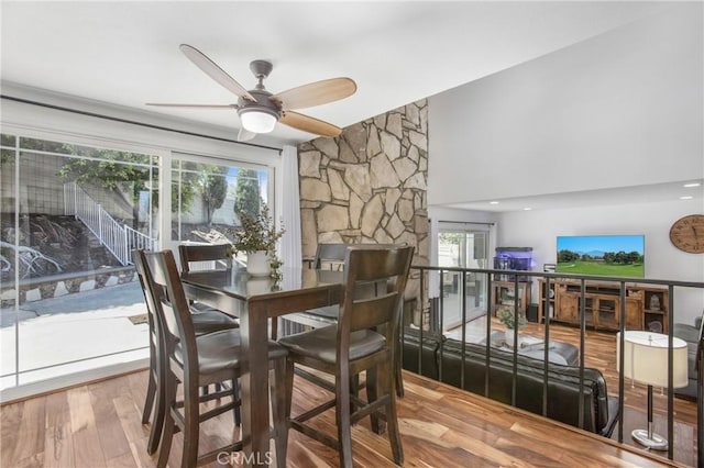 25632 Adriana St, Mission Viejo, CA 92691 - dining room featuring wood finished floors, ceiling fan, and a high ceiling