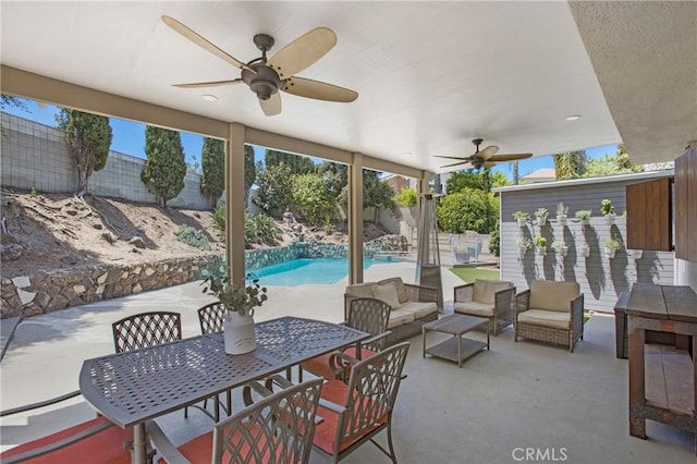 25632 Adriana St, Mission Viejo, CA 92691 - fenced backyard featuring a ceiling fan, a patio area, outdoor dining area, and outdoor lounge area