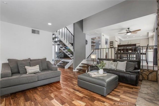 25632 Adriana St, Mission Viejo, CA 92691 - living area with wood finished floors, stairway, and a ceiling fan