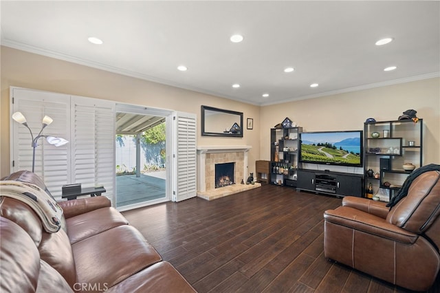 2115 Kathryn Way, Placentia, CA 92870 - living area featuring crown molding, recessed lighting, a fireplace with raised hearth, and wood finished floors