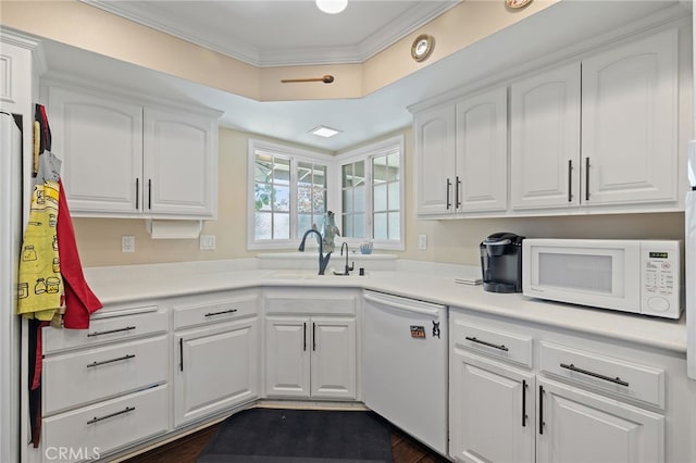 2115 Kathryn Way, Placentia, CA 92870 - kitchen featuring white appliances, white cabinetry, crown molding, and light countertops