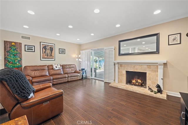 2115 Kathryn Way, Placentia, CA 92870 - living area featuring ornamental molding, recessed lighting, a fireplace, and dark wood-style flooring