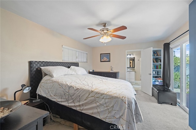 2115 Kathryn Way, Placentia, CA 92870 - bedroom featuring light colored carpet, ensuite bathroom, a ceiling fan, and access to exterior