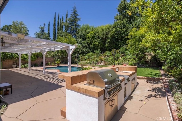11721 Killimore Ave, Porter Ranch, CA 91326 - fenced backyard featuring a pergola, area for grilling, a patio, and an outdoor pool