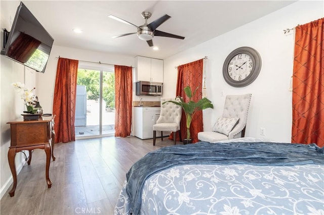 11721 Killimore Ave, Porter Ranch, CA 91326 - bedroom with access to exterior, wood finished floors, recessed lighting, and ceiling fan