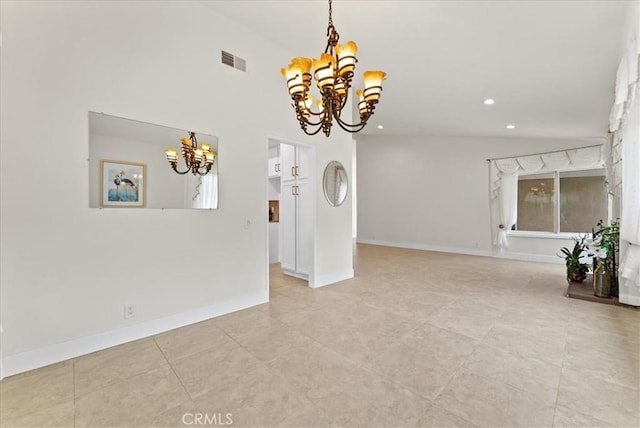 21211 Poston Ln, Huntington Beach, CA 92646 - tiled empty room featuring a chandelier, recessed lighting, and vaulted ceiling