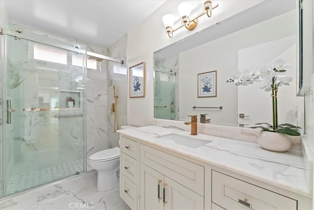 21211 Poston Ln, Huntington Beach, CA 92646 - bathroom featuring marble look tile flooring, vanity, and a marble finish shower