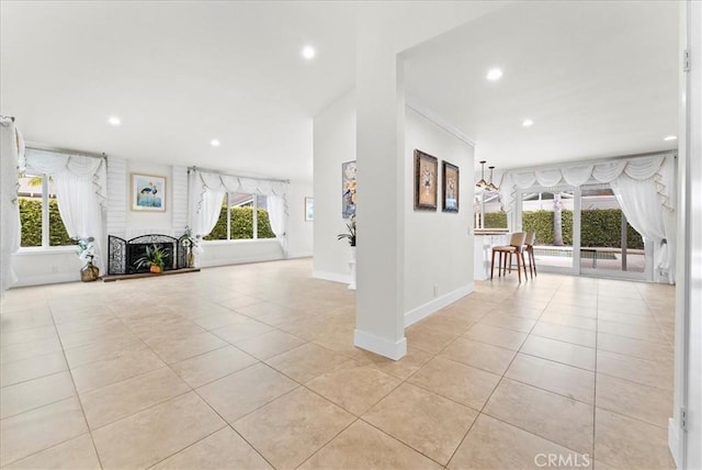 21211 Poston Ln, Huntington Beach, CA 92646 - unfurnished living room featuring light tile patterned flooring, recessed lighting, and ornamental molding