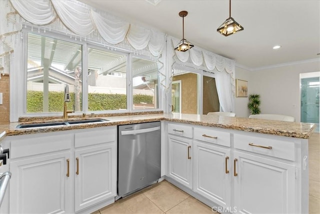21211 Poston Ln, Huntington Beach, CA 92646 - kitchen with stainless steel dishwasher, a peninsula, white cabinets, light tile patterned floors, and ornamental molding