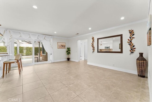 21211 Poston Ln, Huntington Beach, CA 92646 - unfurnished living room featuring crown molding, recessed lighting, and light tile patterned floors