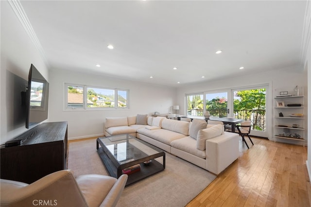 3407 Huxley St Unit 31, Los Angeles, CA 90027 - living area with ornamental molding, light wood-type flooring, and recessed lighting