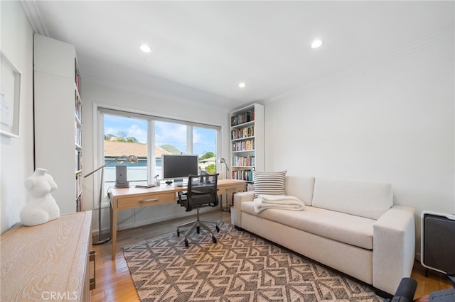 3407 Huxley St Unit 31, Los Angeles, CA 90027 - office with ornamental molding, wood finished floors, and recessed lighting