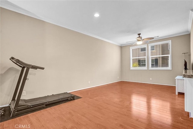 2019 Arnold Way, Fullerton, CA 92833 - exercise room with a ceiling fan, wood finished floors, crown molding, and recessed lighting