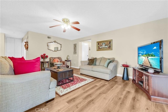 1135 Hampton Ct, San Dimas, CA 91773 - living room featuring a ceiling fan, light wood-type flooring, and a textured ceiling