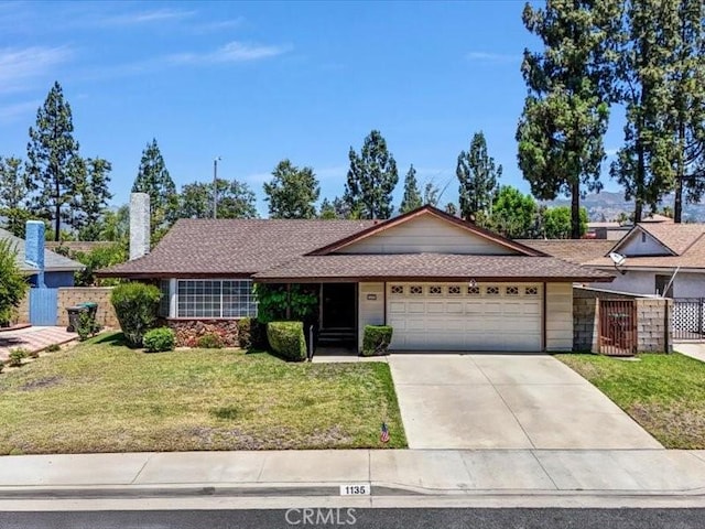 1135 Hampton Ct, San Dimas, CA 91773 - ranch-style house featuring a garage, concrete driveway, a chimney, and a gate