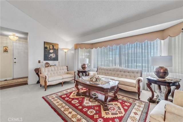 1135 Hampton Ct, San Dimas, CA 91773 - carpeted living area with a textured ceiling and vaulted ceiling